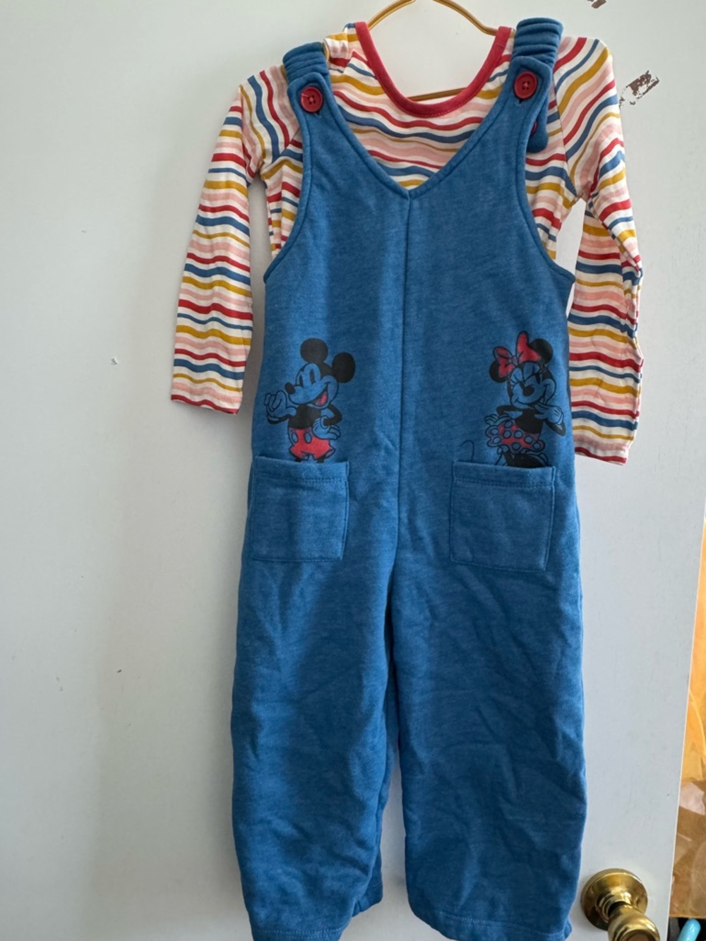 Disney Blue Mickey & Minnie Corduroy Overalls with Striped Top